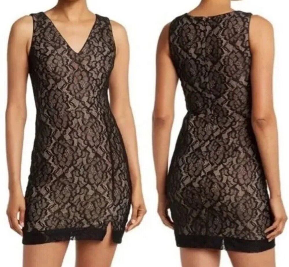 NWT DRESS THE POPULATION Black Lace Cocktail MIDI V-Neck Sheath Dress Sz M EUC